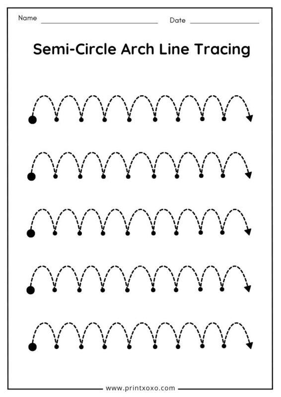 Semi-circle arch tracing worksheet for preschool curved line practice.