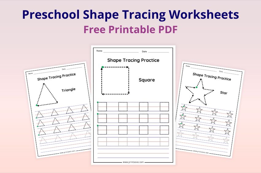 Preschool shape tracing worksheets featuring circle, square, triangle, star and heart with directional arrows for tracing practice
