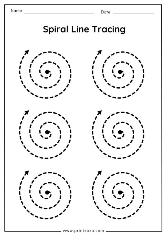 Spiral line tracing worksheet for preschool circular motion practice.