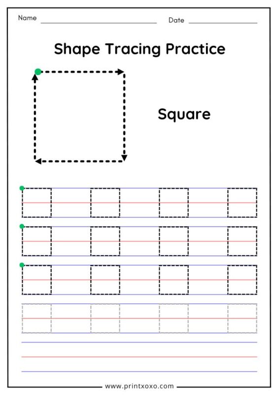 Square tracing worksheet for preschool with start dot and clockwise tracing arrows
