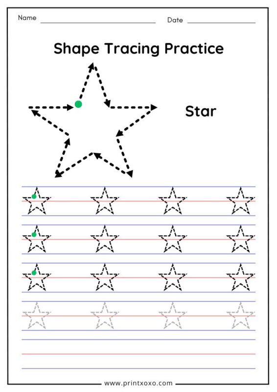 Star tracing worksheet for preschool with dotted star and tracing direction arrows