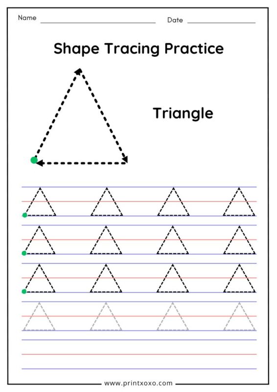 Triangle tracing worksheet for preschool with dotted lines and tracing arrows