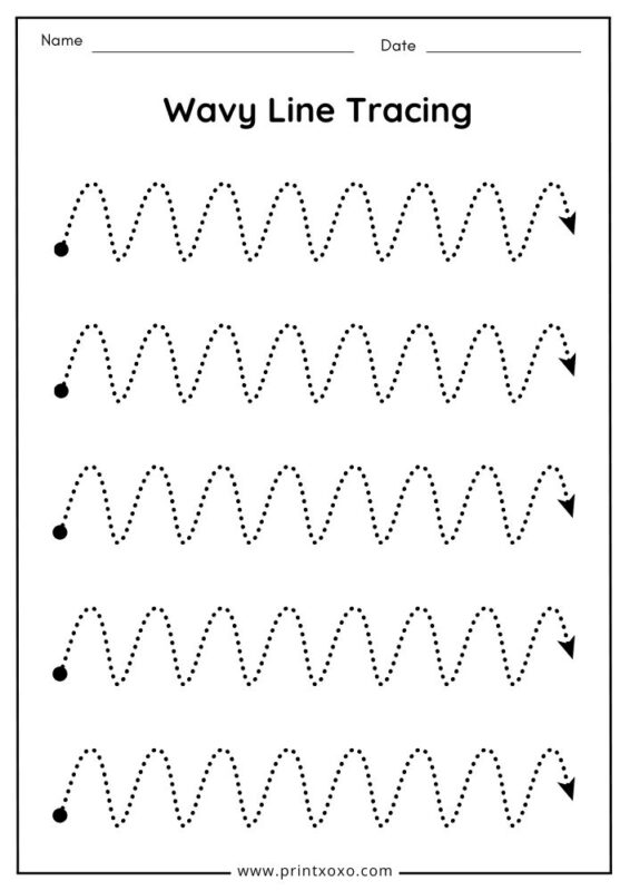 Printable wavy line tracing worksheet for curved pre-writing stroke practice.