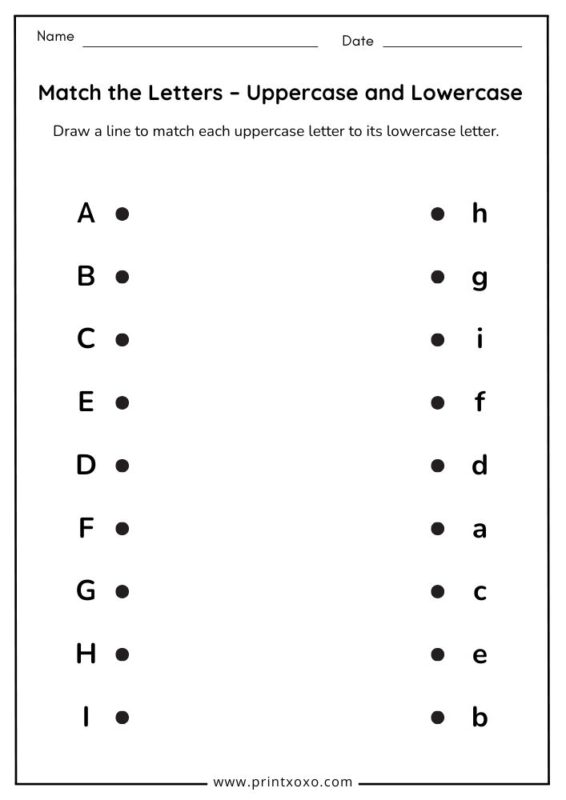 Alphabet matching worksheet A to I with uppercase and lowercase letters for preschool and kindergarten
