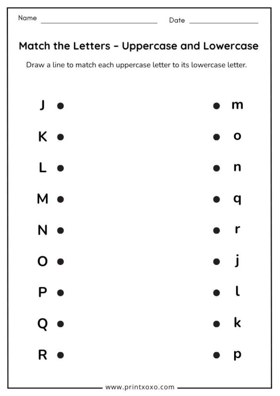 Alphabet matching worksheet J to R uppercase and lowercase letters printable activity