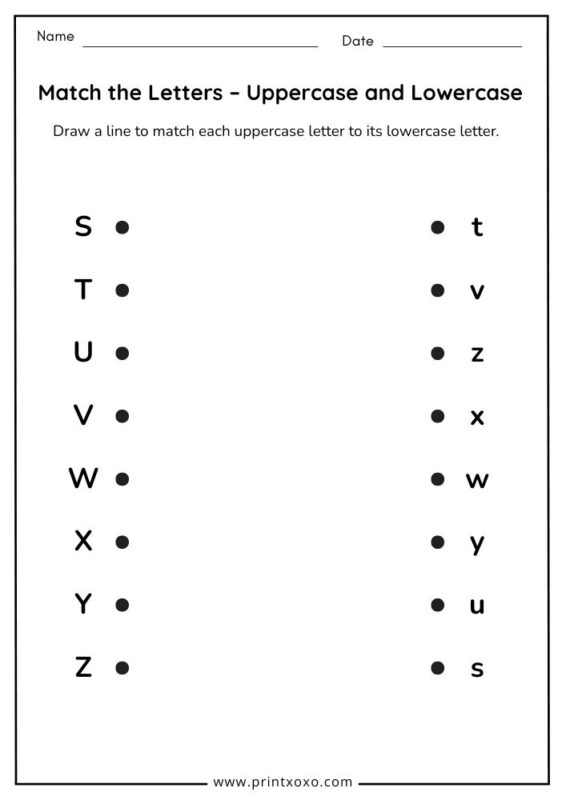 Uppercase and lowercase alphabet matching worksheet S to Z printable for kids