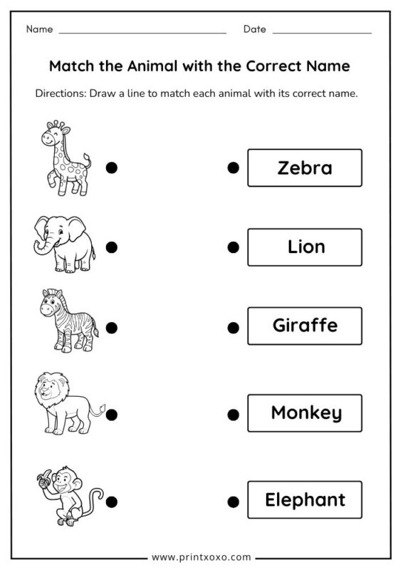 Animal name matching worksheet printable for preschool and kindergarten kids