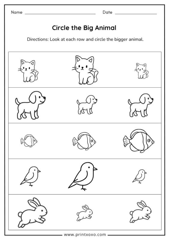 Circle the big animal worksheet free printable for preschool children