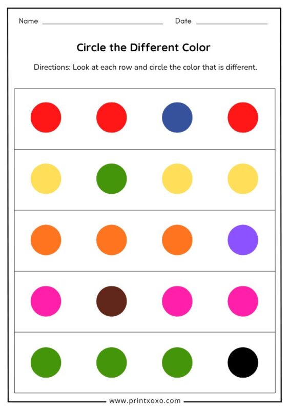 Circle the different color worksheet for preschool kids with rows of color circles