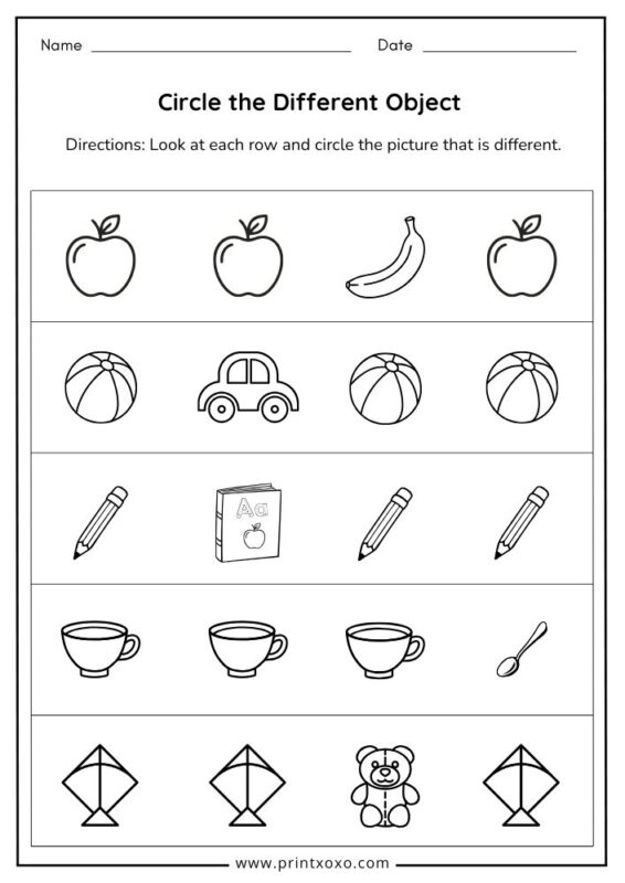 Circle the different object worksheet for preschool children with simple picture rows