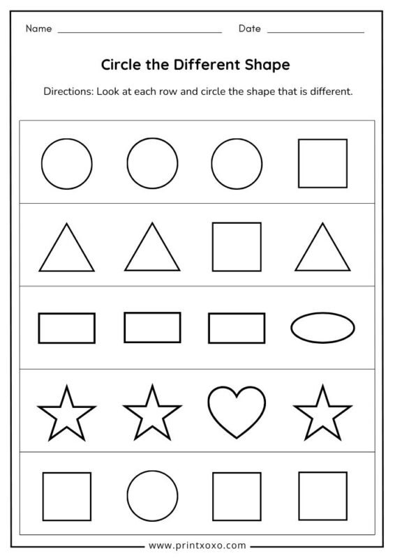 Circle the different shape worksheet for preschool kids with 5 rows of simple shapes