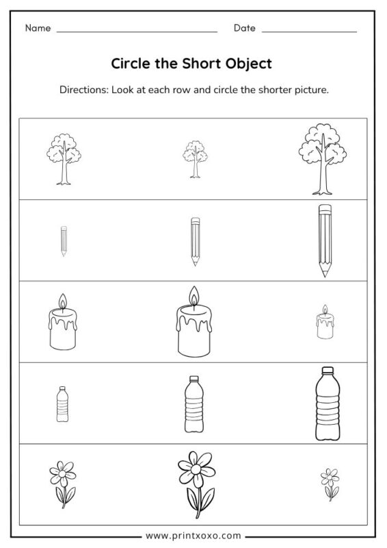 Circle the Short Object worksheet for preschool and kindergarten printable PDF
