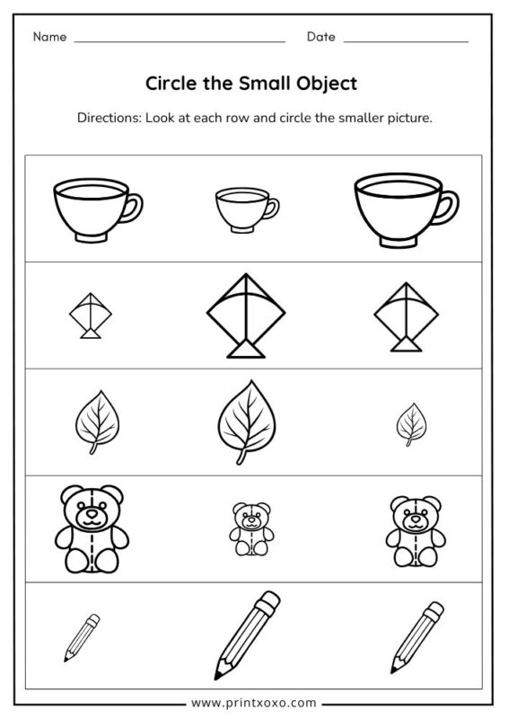 Circle the small object worksheet for preschool and kindergarten kids
