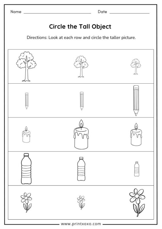 Circle the Tall Object worksheet for preschool kids printable tall and short activity