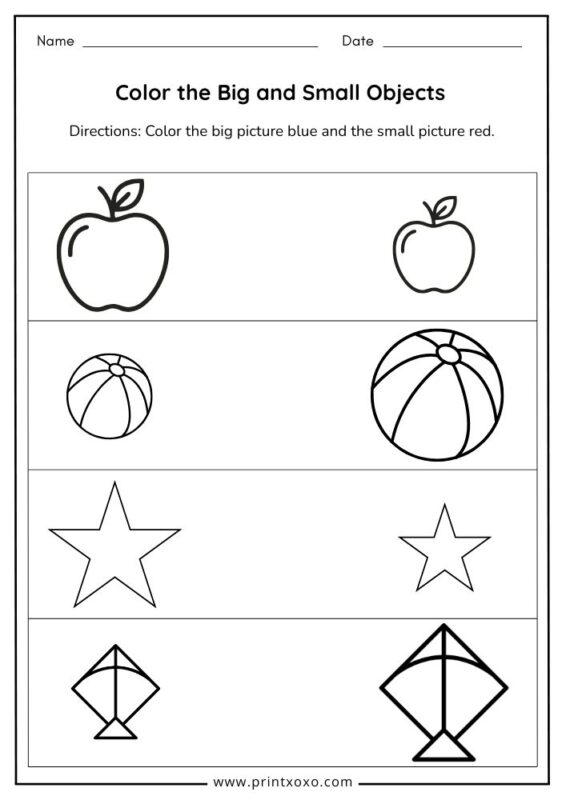 Color the big and small objects worksheet for preschool kids printable PDF