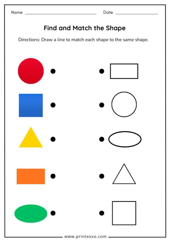Free printable find and match the shape worksheet for preschool kids with colored shapes and outline shape matching activity