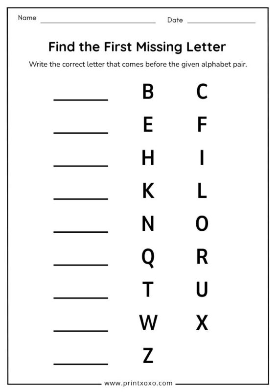 Find the first missing alphabet letter worksheet for kids