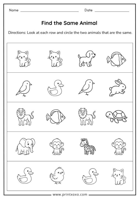 Find the same animal worksheet for preschool kids with simple animal picture rows