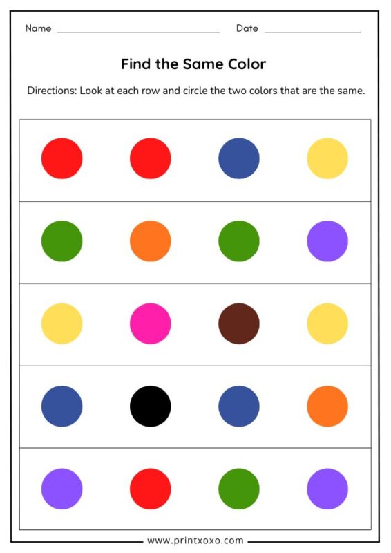 Find the same color worksheet for preschool kids with rows of color circles