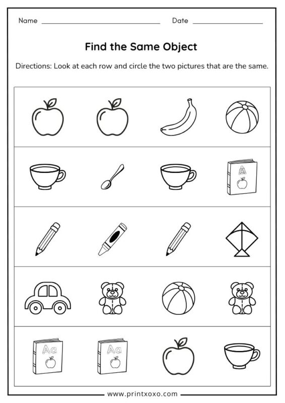 Find the same object worksheet for preschool children with simple picture rows