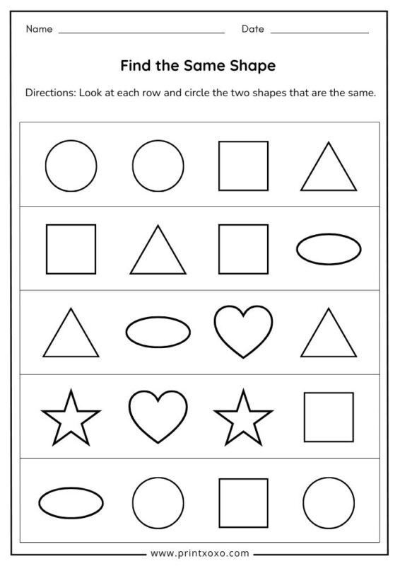 Find the same shape worksheet for preschool kids with rows of simple shapes