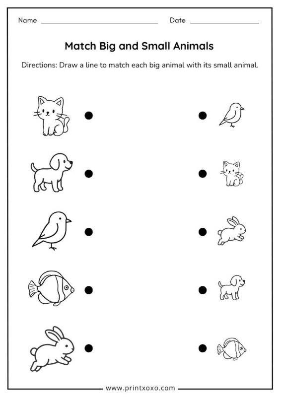 Match big and small animals worksheet for preschool and kindergarten