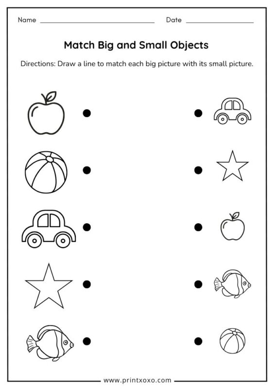 Match big and small objects worksheet free printable PDF for preschool kids