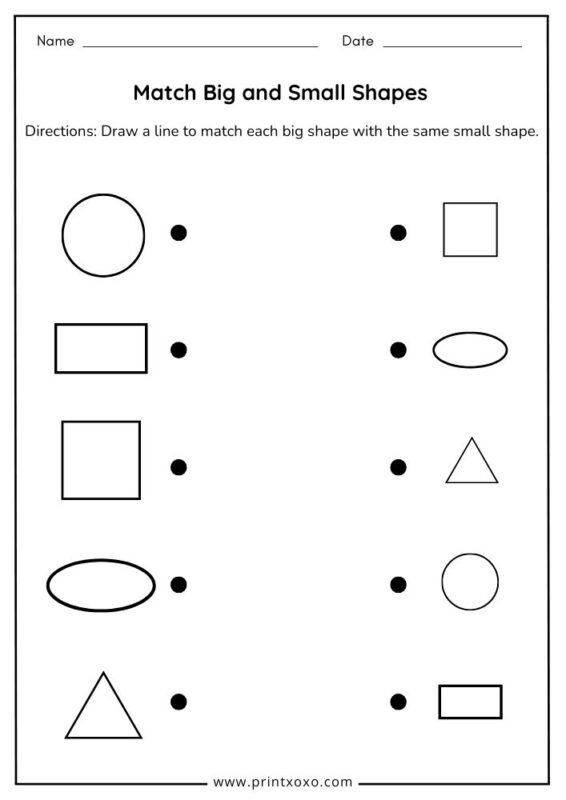 Match big and small shapes worksheet free printable for preschool learners