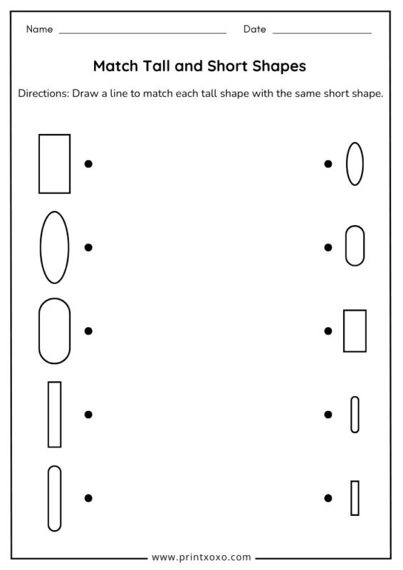 Match Tall and Short Shapes worksheet for preschool kids free printable shape comparison activity