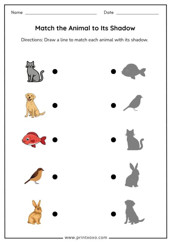 Match the animal to its shadow worksheet for preschool and kindergarten children
