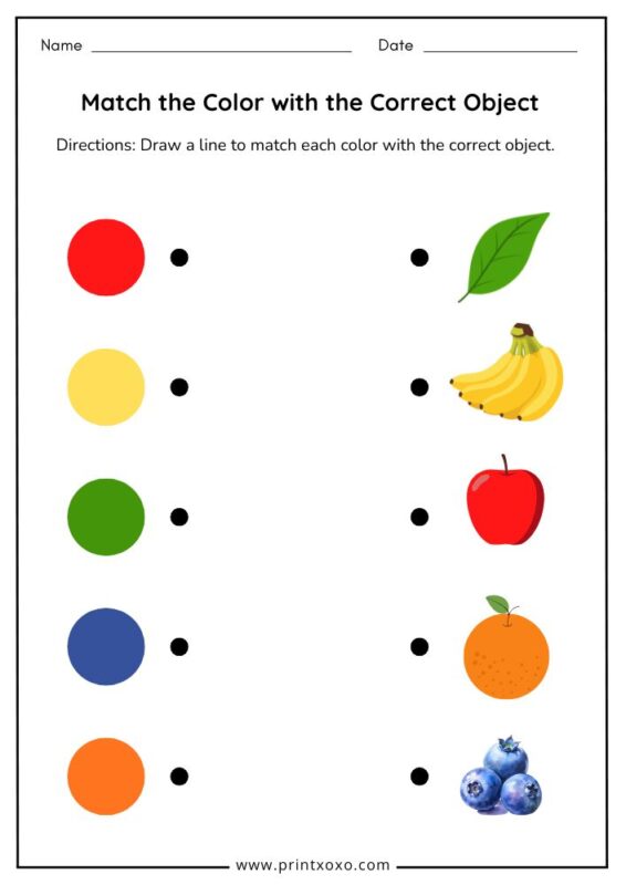 Match the Color with the Correct Object worksheet for preschool and kindergarten