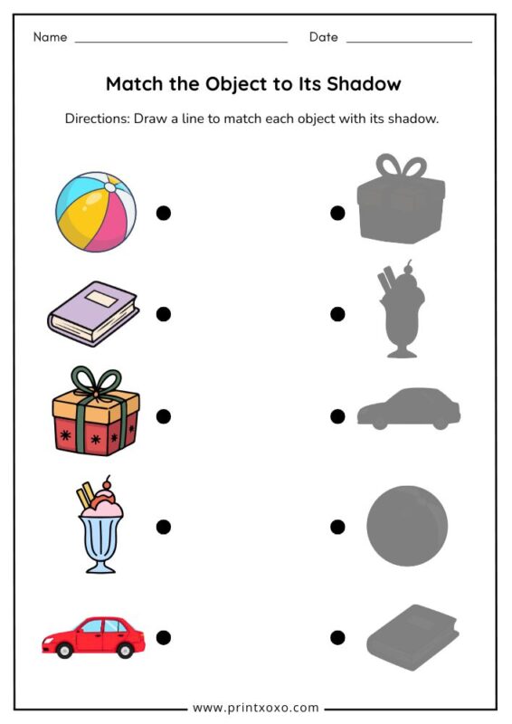 Match the object to its shadow worksheet printable for preschool and kindergarten
