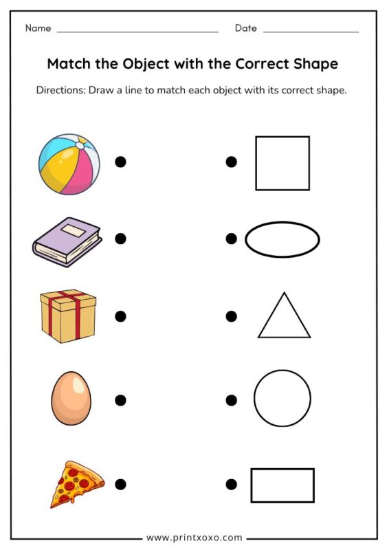 Free printable match the object with the correct shape worksheet for preschool kids with ball, book, gift box, egg, and pizza slice