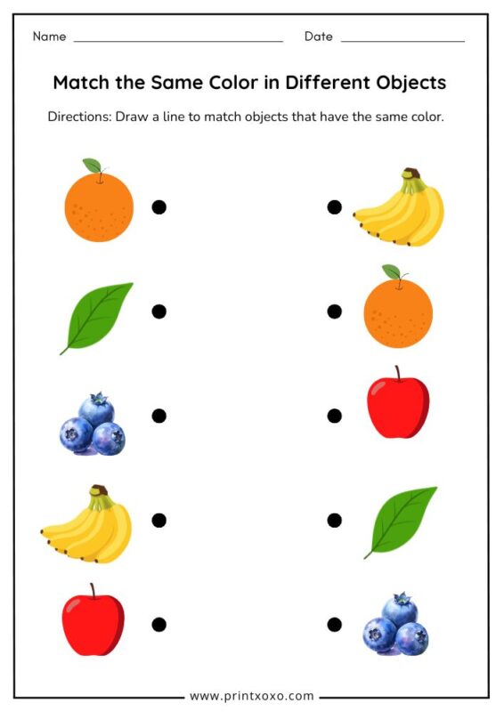 Match the Same Color in Different Objects worksheet for preschool and kindergarten