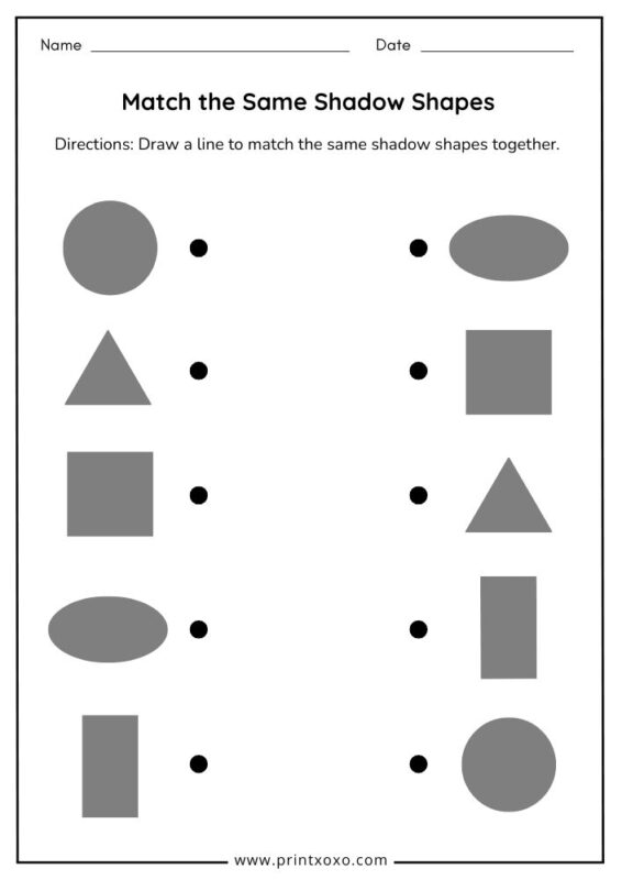 Match the same shadow shapes worksheet printable for preschool and kindergarten