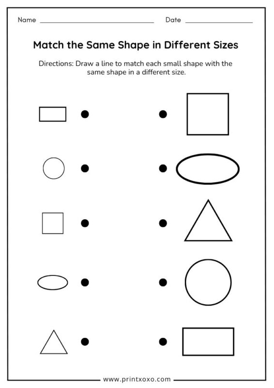 Free printable match the same shape in different sizes worksheet for preschool kids with small and large 2D shapes
