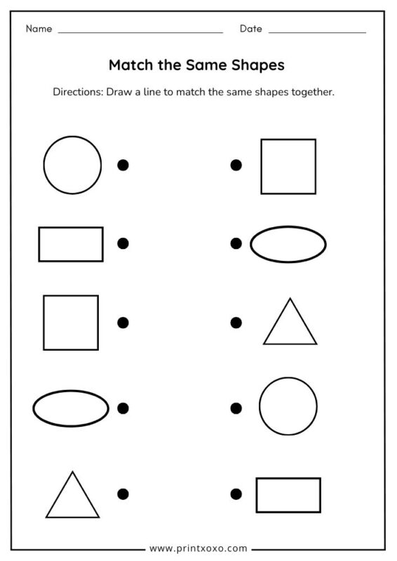 Free printable match the same shapes worksheet for preschool kids with circle, square, triangle, rectangle, and oval matching activity