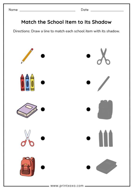 Match the school item to its shadow worksheet for preschool and kindergarten printable
