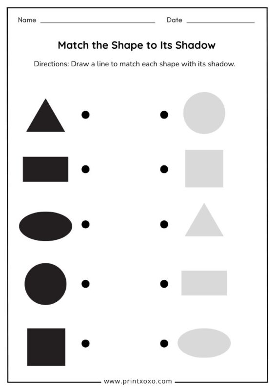 Free printable match the shape to its shadow worksheet for preschool and kindergarten kids with basic 2D shapes