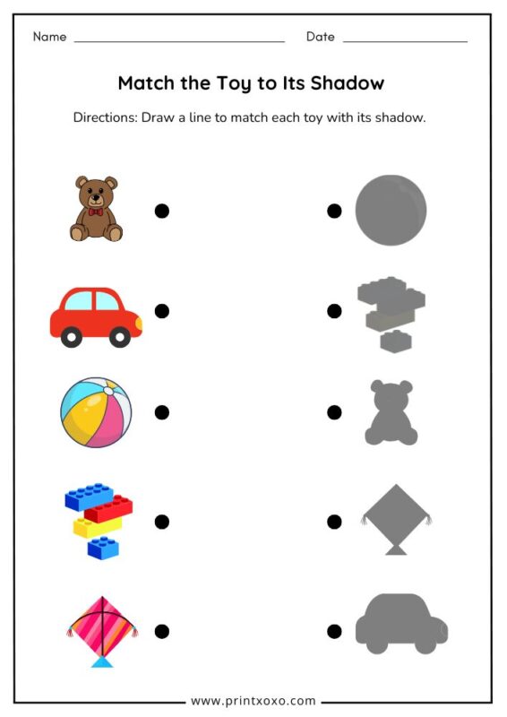 Match the toy to its shadow worksheet printable for preschool and kindergarten