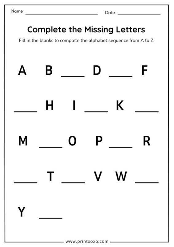 Missing letters worksheet A to Z for kids to complete the alphabet sequence