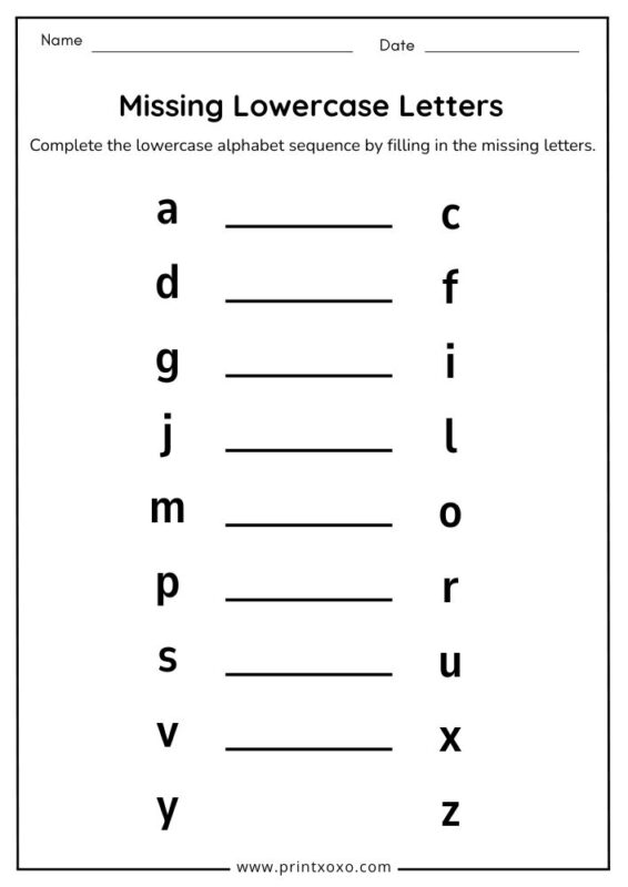 Missing lowercase letters worksheet for kids printable
