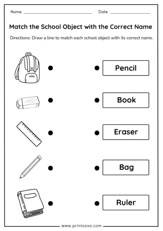 School supplies matching worksheet printable for preschool and kindergarten kids