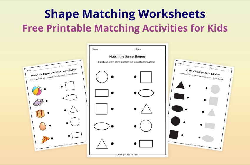 Shape matching worksheets free printable PDF for preschool and kindergarten kids with fun 2D shape activities