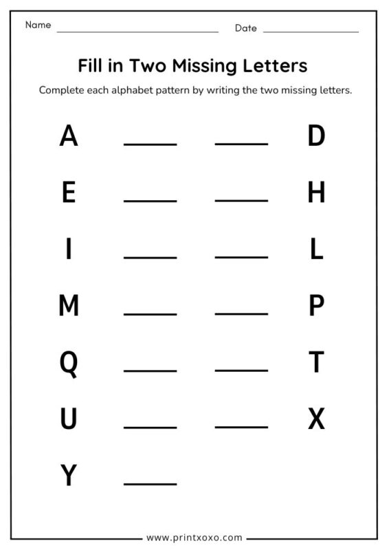Fill in two missing letters alphabet worksheet printable