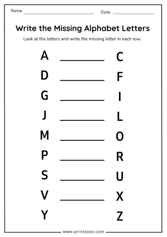 Write the missing alphabet letters worksheet for kindergarten kids