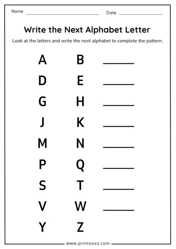 Write the next alphabet letter worksheet printable