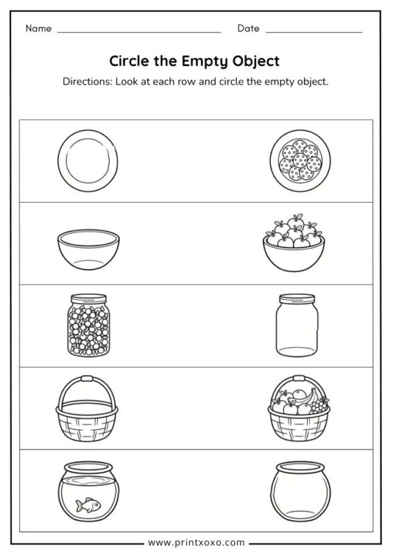Circle the empty object worksheet printable PDF for preschool and kindergarten