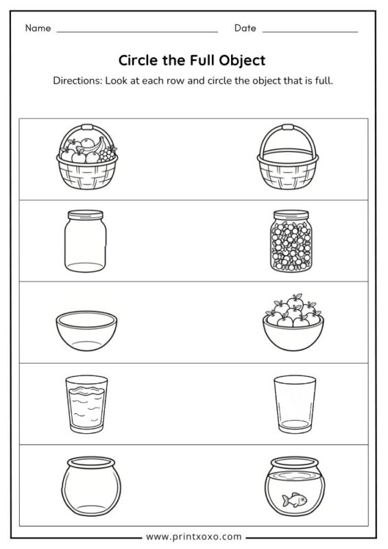 Circle the full object worksheet for preschool and kindergarten kids