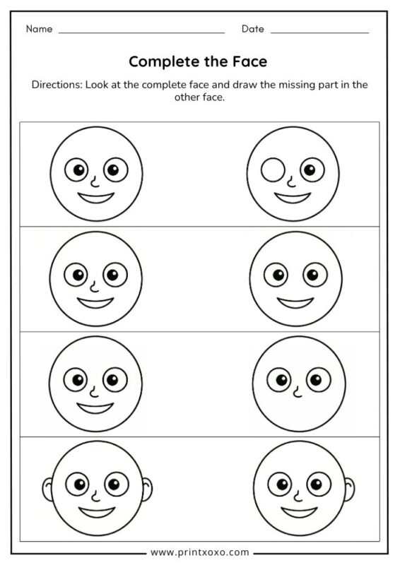 Complete the face missing parts worksheet for preschool and kindergarten kids